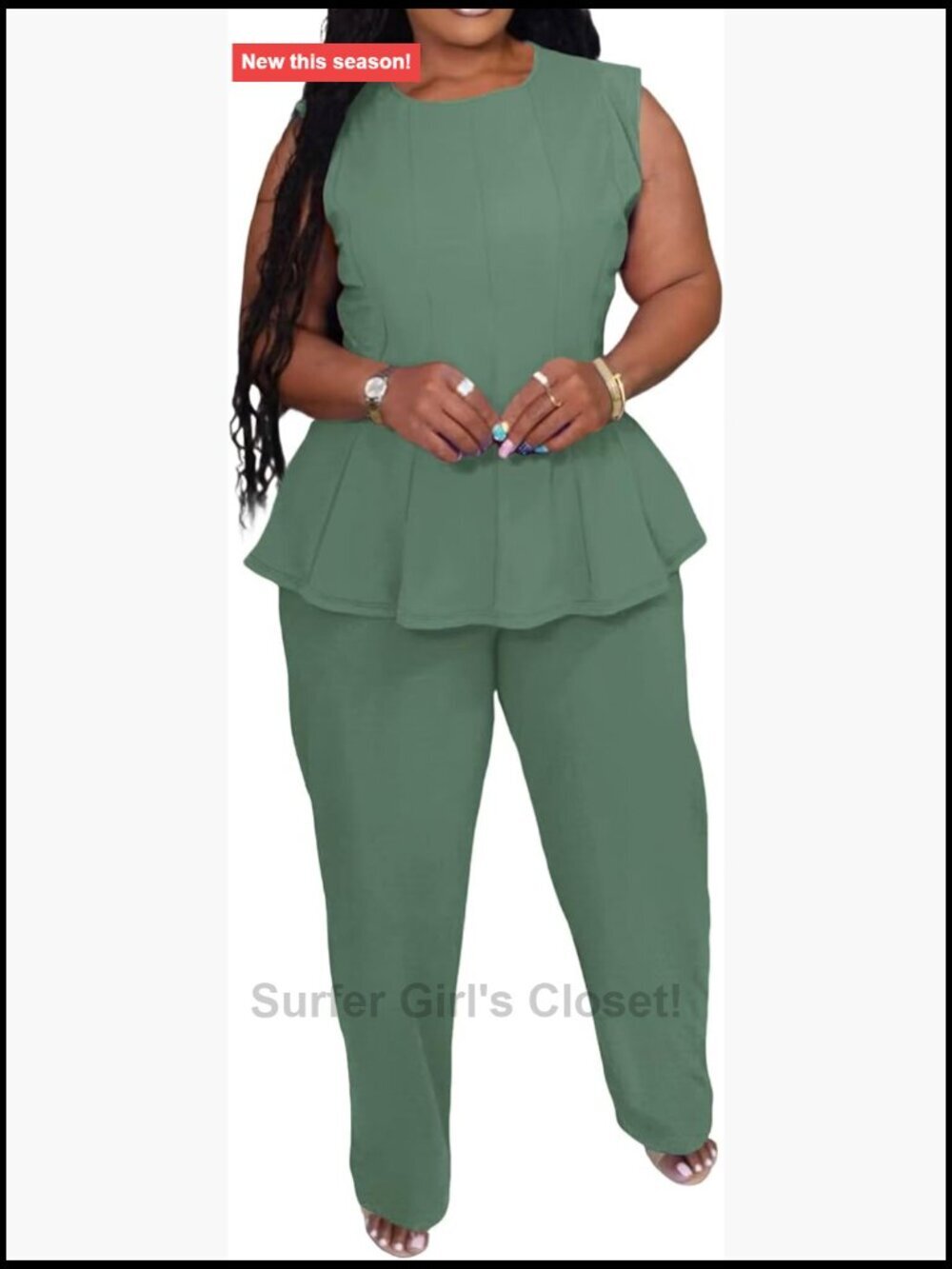 Plus Size 2 Piece Outfit: Peplum Tank & Wide Leg Pants Set